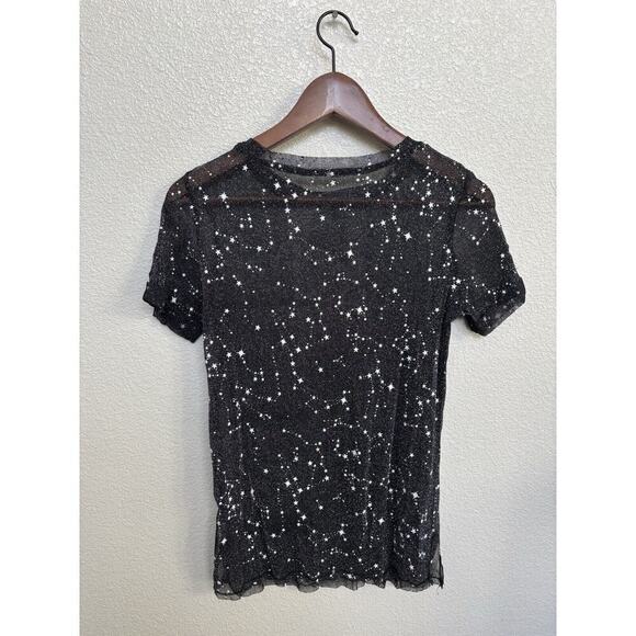sheer black stars top rave sexy festival stretch short sleeve womens S metallic - Picture 4 of 4